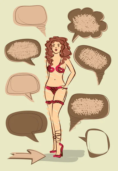 Sketch of sexy girl in underwear with speech bubbles — Stock Photo, Image