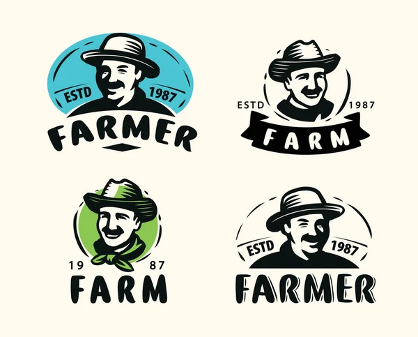 Farmer Portrait Organic Products Logo Agriculture Farm Symbol Vector Illustration — Stock Vector