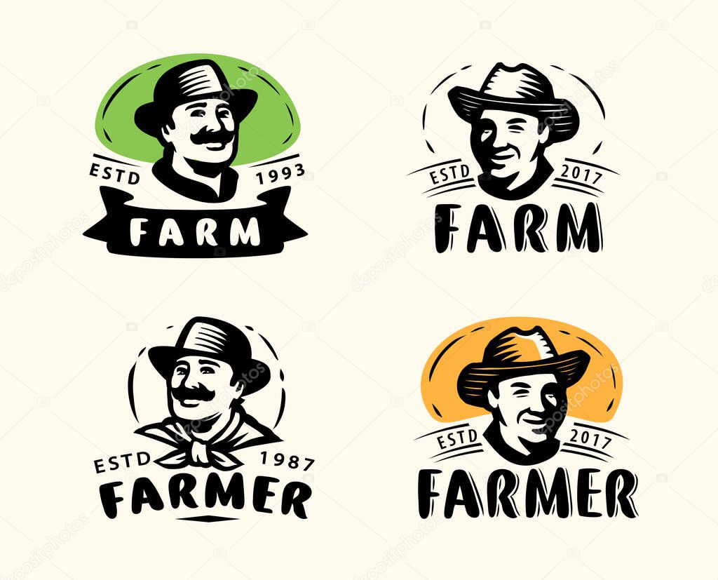 Portrait of happy farmer in hat, logo. Farm, agriculture set of labels vector illustration