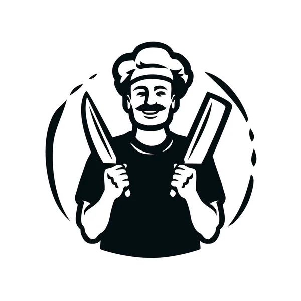 Carácter Chef Con Cuchillos Logo Emblema Carnicería Ilustración Vector Concepto — Archivo Imágenes Vectoriales