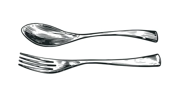 フォークスプーンテーブルの設定食品 レストランやカフェメニューのデザイン要素 手描きのヴィンテージベクトルイラスト — ストックベクタ