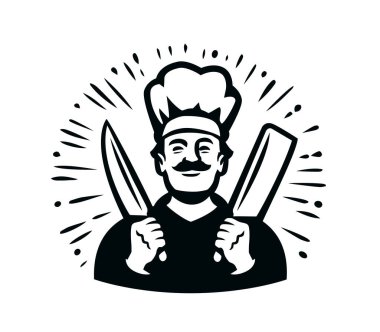 Et doğramak için bıçaklı usta şef. Restoran veya kasap menüsü için tasarım öğesi. Yiyecek konsepti