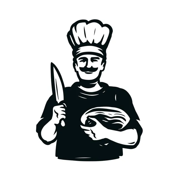 Chef Avec Couteau Pour Couper Viande Logo Boucherie Concept Alimentaire — Image vectorielle