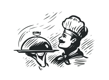 Tepsisi yiyecek dolu bir aşçı. Restoran veya kafe menüsü için tasarım öğesi. Eskiz klasik vektör çizimi
