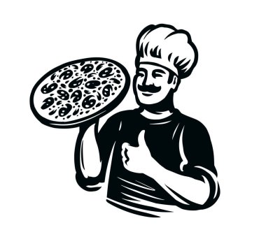 Pizza şefi logosu. Fast food dağıtım logoti şablonu. Pizzacı vektör amblemi