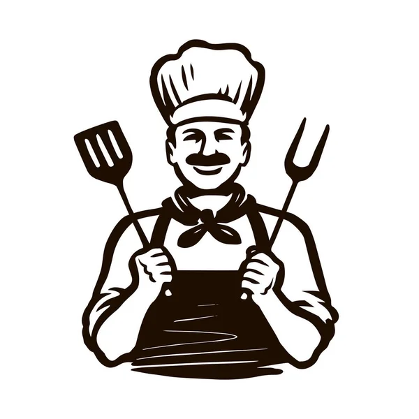 Chef Avec Spatule Fourchette Barbecue Élément Design Pour Menu Restaurant — Image vectorielle