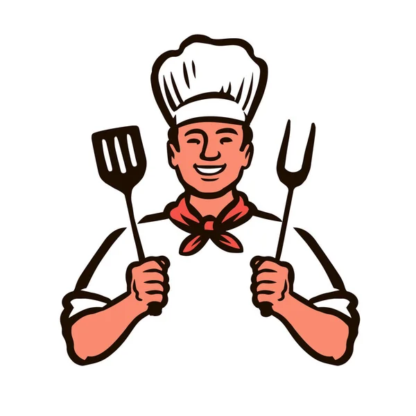 Cartoon Chefkoch Grillen Steak Kochen Frische Lebensmittel Grill Vektor Illustration — Stockvektor