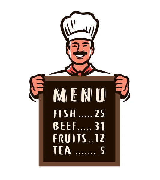 Cartoon Chef Présentant Menu Restaurant Bord Illustration Vectorielle Concept Alimentaire — Image vectorielle