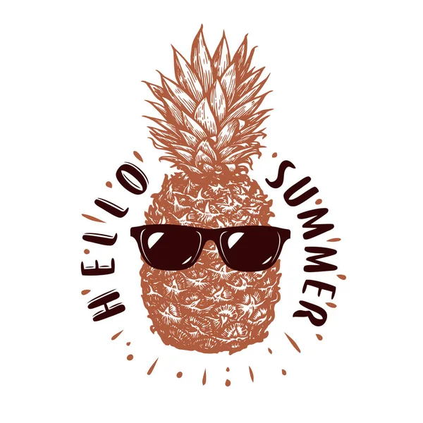 Ananas Mit Sonnenbrille Hallo Sommer Emblem Vektor Illustration Zum Reisekonzept — Stockvektor