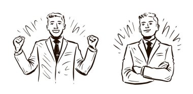 İş adamları eskiz yapıyor. Eski tarz bir iş adamı. Vektör illüstrasyonu beyaz arkaplanda izole edildi