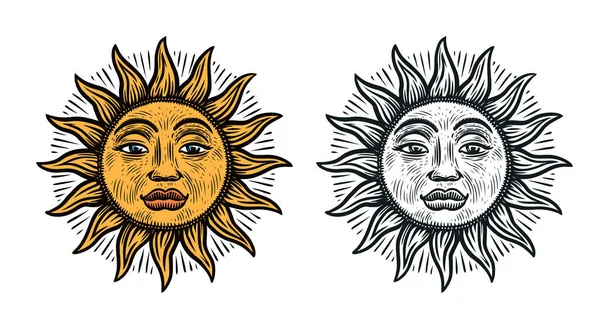 Soleil Avec Visage Esquisse Dessinée Main Illustration Vectorielle Vintage — Image vectorielle
