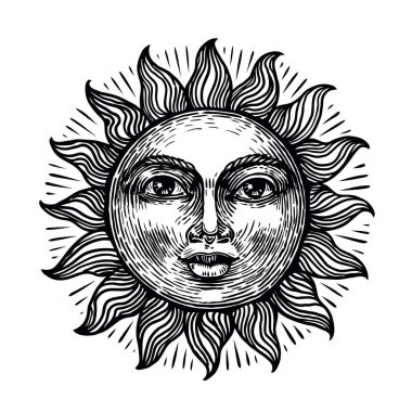 Elle çizilmiş güneş, dekorasyon elementi. Astroloji sembolü beyaz arkaplanda izole edilmiş vintage oyma biçimi