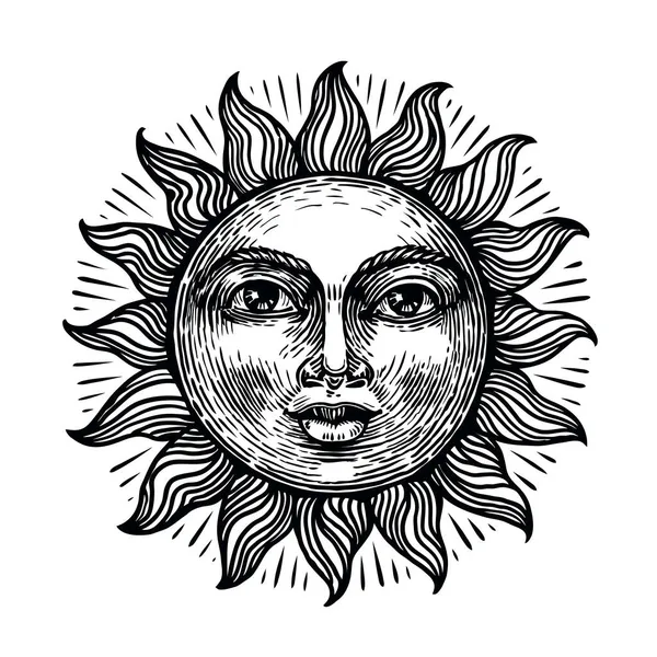 Χειροποίητος Ήλιος Πρόσωπο Στοιχείο Διακόσμησης Αστρολογία Σύμβολο Vintage Στυλ Χαρακτικής — Φωτογραφία Αρχείου