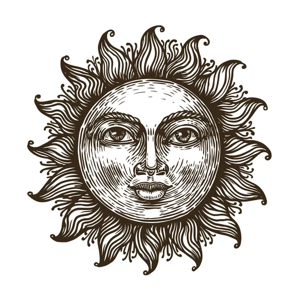 Soleil Dessiné Main Avec Visage Stylisé Comme Gravure Symbole Astrologique — Image vectorielle