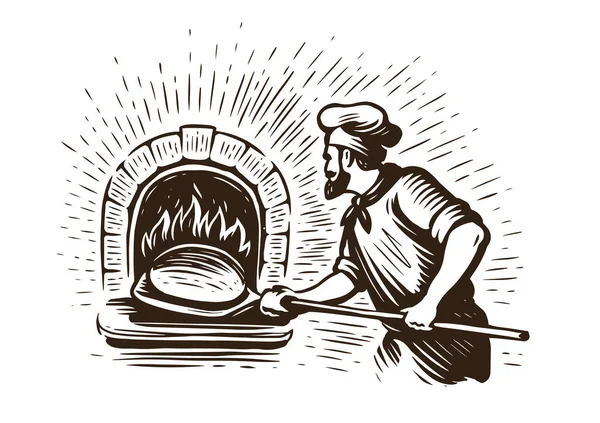 ベイカーは石窯で新鮮なパンを作っている 手描きのヴィンテージベクトルイラストスケッチ — ストックベクタ