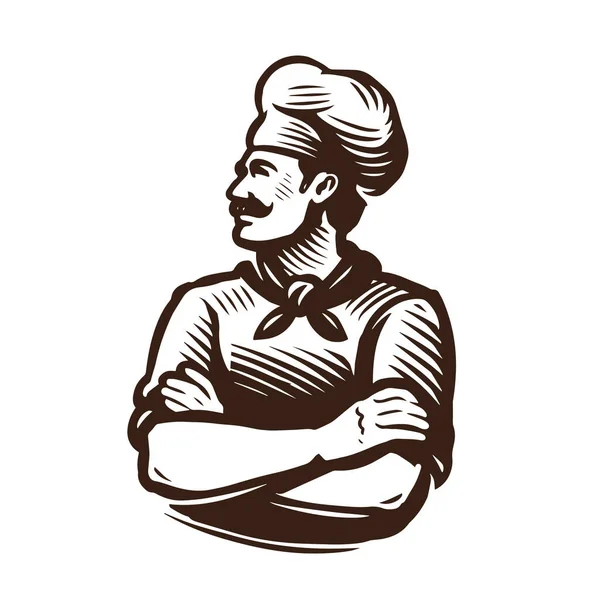 Chef Con Logo Vassoio Alimentare Emblema Illustrazione Vettoriale Schizzo Vintage — Vettoriale Stock