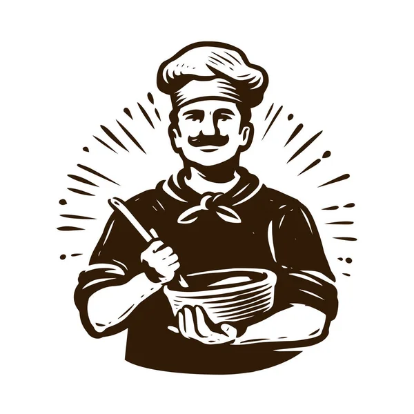 Chef Chicotes Massa Com Batedor Culinário Para Assar Cozinhar Emblema —  Vetores de Stock