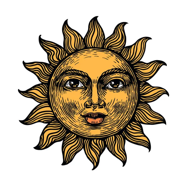 Сонце Кольором Обличчя Ескіз Гравіювання Векторні Ілюстрації — стоковий вектор