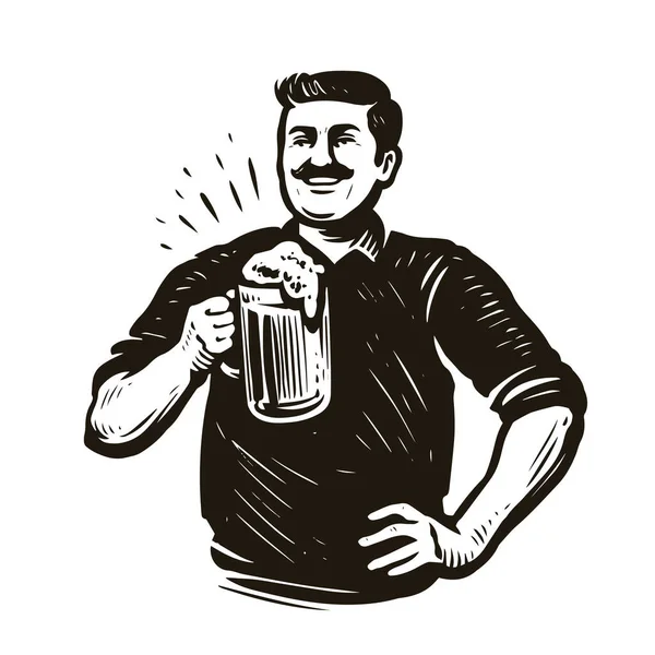 Homem Desenhado Mão Com Copo Cerveja Octoberfest Pub Conceito Vintage —  Vetores de Stock