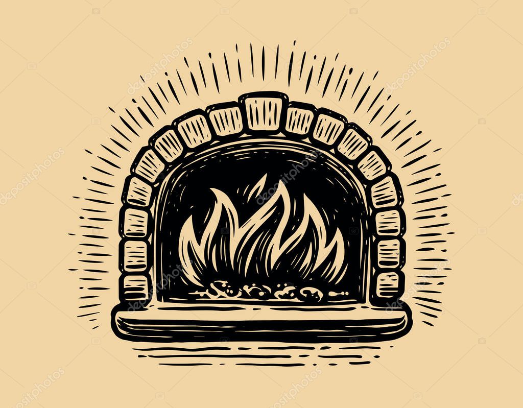 Brick pizza oven with fire. Bakery sketch vintage vector illustration