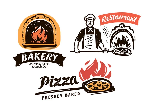 Pizzacı Rozetleri Bir Dizi Pizza Logosu Cafe Vektör Illüstrasyonlu Talyan — Stok Vektör