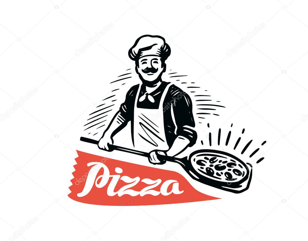 Pizzeria chef logo vector illustration. Pizza design element for logo, poster, card, banner, emblem