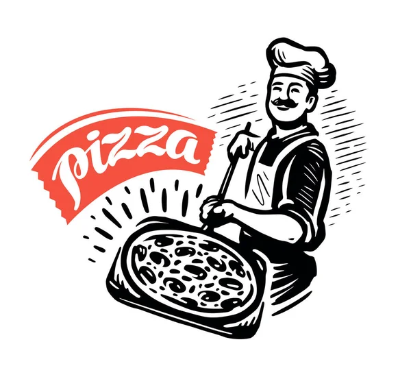 Chef Hält Holzschaufel Mit Heißer Pizza Pizzeria Italienische Vektorillustration — Stockvektor