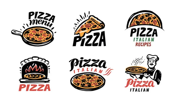 Restoran Veya Kafe Menüsü Için Pizza Etiketleri Rozetler Tasarım Unsurları — Stok Vektör