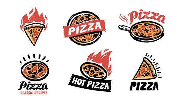Pizzacı Logoları Etiketler Kafenin Talyan Mutfağı Restoranı Pizza Ile Vektör — Stok Vektör