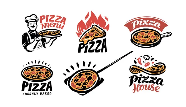 Pizza Logó Készlet Emblémák Vagy Étlap Pizzéria Kávézó Vektorillusztráció — Stock Vector