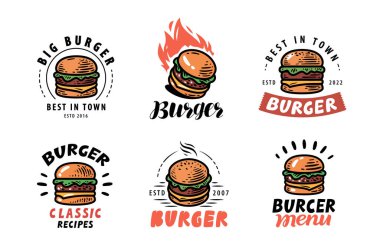 Hamburger logosu hazır. Amblem ya da restoran menüsü, kafe. Vektör illüstrasyonu