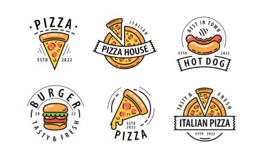 Fast food logoları hazır. Pizza, burger, restoran için sosisli amblemi, kafe menüsü. Vektör illüstrasyonu