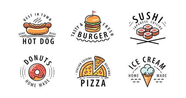 Set Etiquetas Alimentos Emblemas Menú Restaurante Cafetería Ilustración Vectorial — Archivo Imágenes Vectoriales
