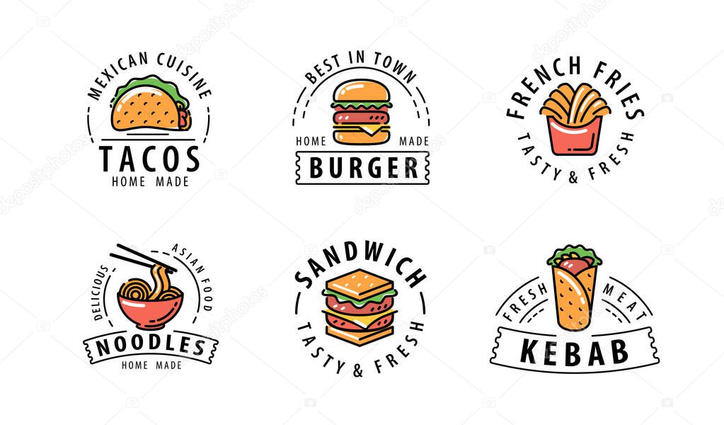 Food logo set. Labels or restaurant menu, cafe. Vector illustration