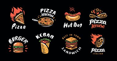 Fast food logosu seti. Restoran veya kafe menüsü rozetleri. Pizza, burger, kebap, sandviç, sosisli sandviç.