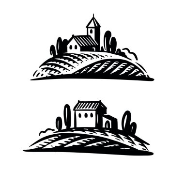 Üzüm bağı. Şaraphane manzarası, etiketler için üzüm bağı tarım rozeti.