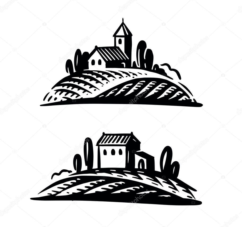 Vineyard. Winery landscape, vineyard farm badge for label