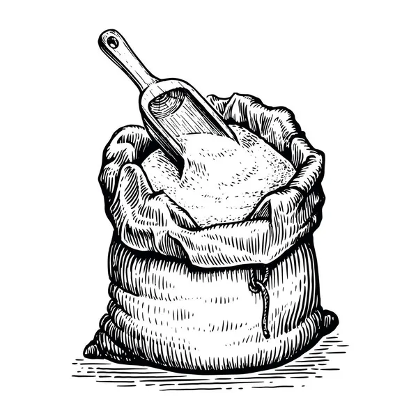 小麦粉と木製のスクープでスタック 手描きスケッチヴィンテージ — ストックベクタ