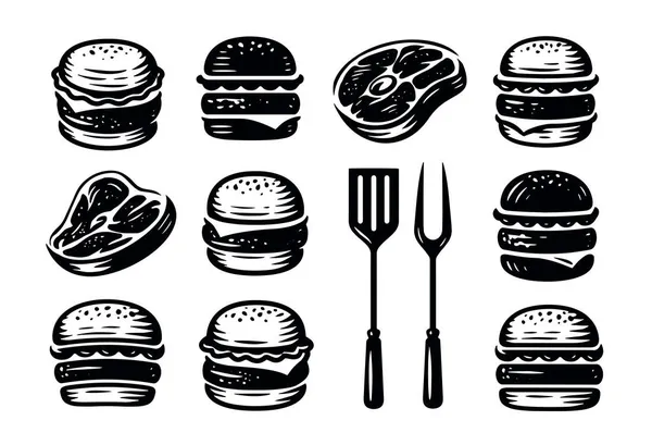 Juego Hamburguesas Filetes Barbacoa Parrilla Concepto Alimentos Vector Ilustración — Vector de stock