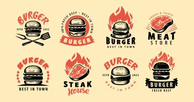 Biftek seti, harfli hamburger amblemleri. Logo, etiket, amblem ve imza için tasarım ögeleri