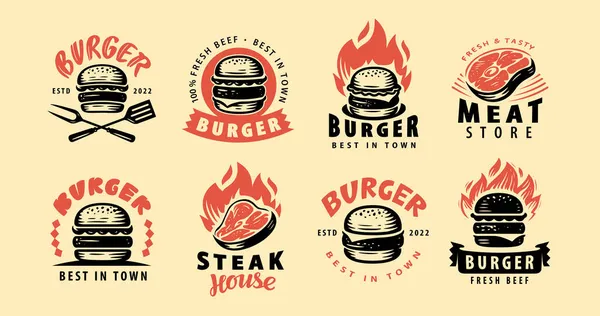 Set Steak Burger Emblems Lettering Design Elements Logo Label Emblem — Stock Vector