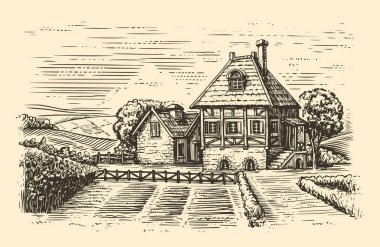 Eski çiftlik evi ve bahçeli kırsal alan. Kır evi çizimi vintage tarzında