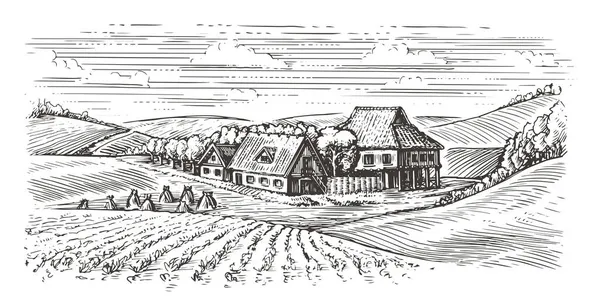 Kırsal arazi, tarım. Evleri olan tarımsal el çizimi vektör illüstrasyonlu tarlalar