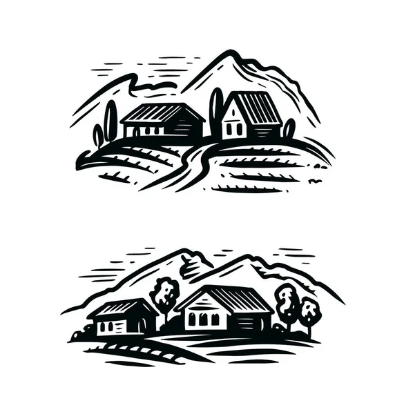 Granja Rural Paisaje Montañas Ilustración Vectorial Dibujada Mano Emblema Agricultura — Archivo Imágenes Vectoriales