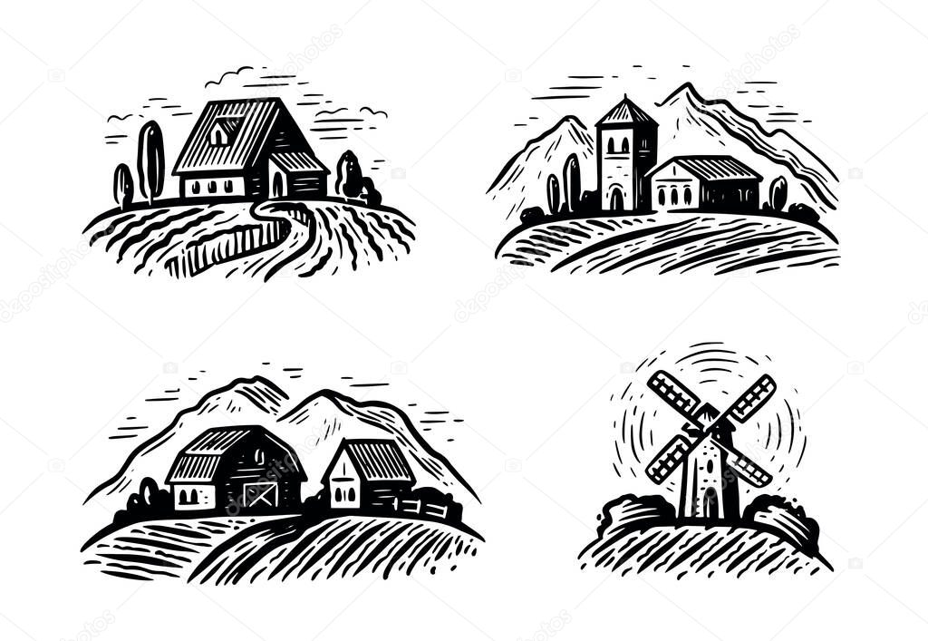 Rural farm landscape set. Hand drawn vector illustration. Farming and agriculture emblem