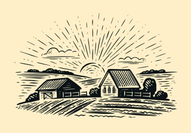 Village houses and farmland in sketch style. Rural natural landscape with fields clipart