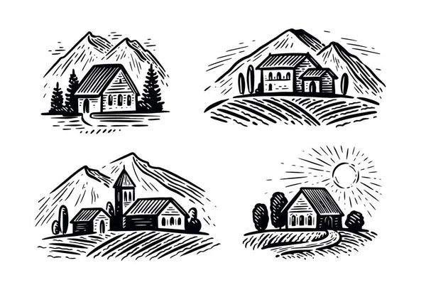 Conjunto Emblemas Granja Paisaje Rural Con Casas Campos Ilustración Del — Vector de stock