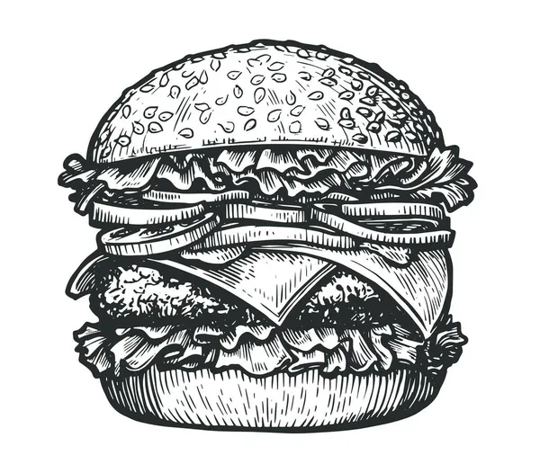 Ručně Tažený Burger Vektorová Ilustrace Náčrtu Rychlého Občerstvení — Stockový vektor