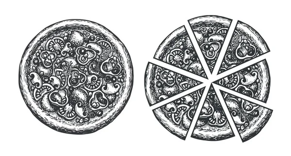 Esquisse Pizza Tranches Réglées Pepperoni Alimentaire Italien Illustration Vectorielle Margarita — Image vectorielle