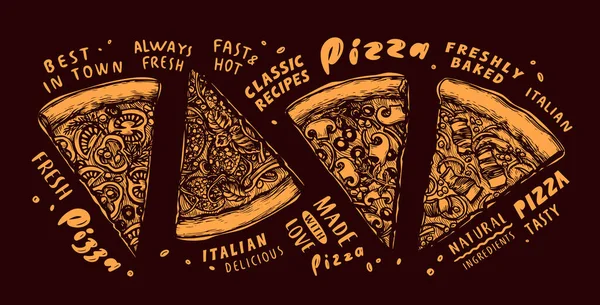 ピザのスケッチとスライスセット イタリア料理ペパロニマルガリータベクトル — ストックベクタ